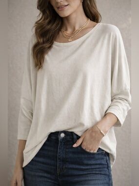 White House Black Market Cream Long Sleeve Top Size L Soft Minimal Chic Blouse